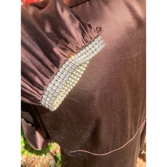 Trina Turk Brown Silk Blouse - Large, Rhinestone Cuffs Long Sleeve, Saks 5th Ave - Picture 3 of 8